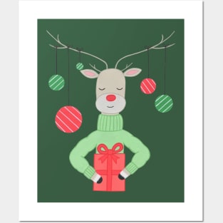 Reindeer with ornaments and present Posters and Art